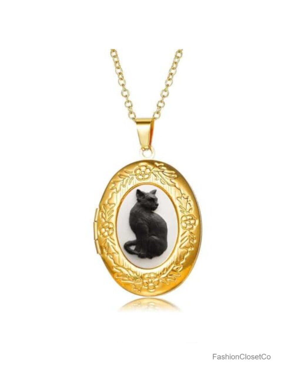 Vintage Black Cat Locket Necklace Photo Memorial Jewelry Alloy Antique
